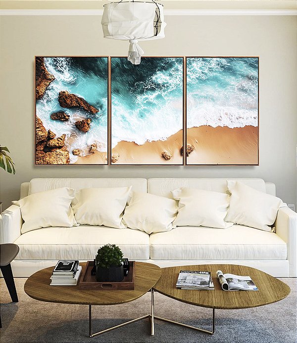 Trio de Quadros Mar Turquesa Praia e Pedras Natureza Canvas Moldura