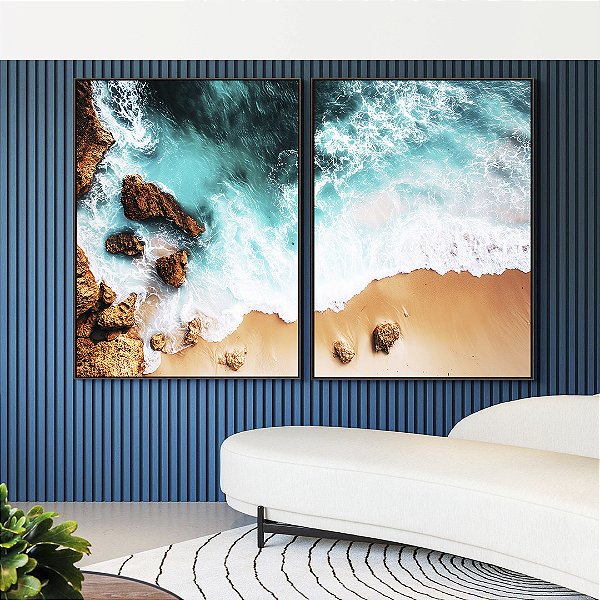Duo de Quadros Mar Turquesa Praia e Pedras Natureza Canvas Moldura