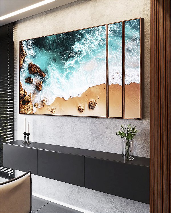 Trio de Quadros Estilizados Mar Turquesa Praia e Pedras Canvas Moldura