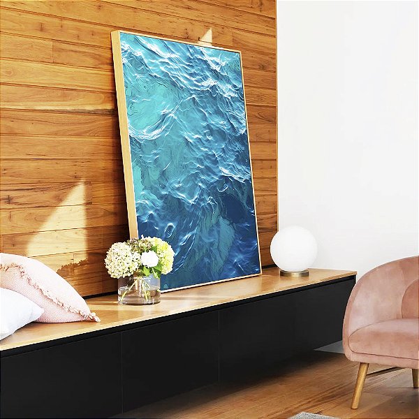 Quadro Vertical Mar Azul Cristalino Ondulado Oceano Canvas Moldura