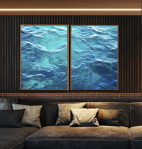 Duo de Quadros Mar Azul Cristalino Ondulado Oceano Canvas Moldura