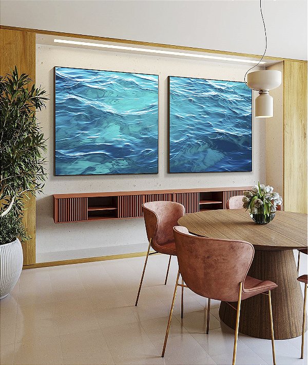 Duo de Quadros Quadrados Mar Azul Cristalino Ondulado Oceano Canvas Moldura