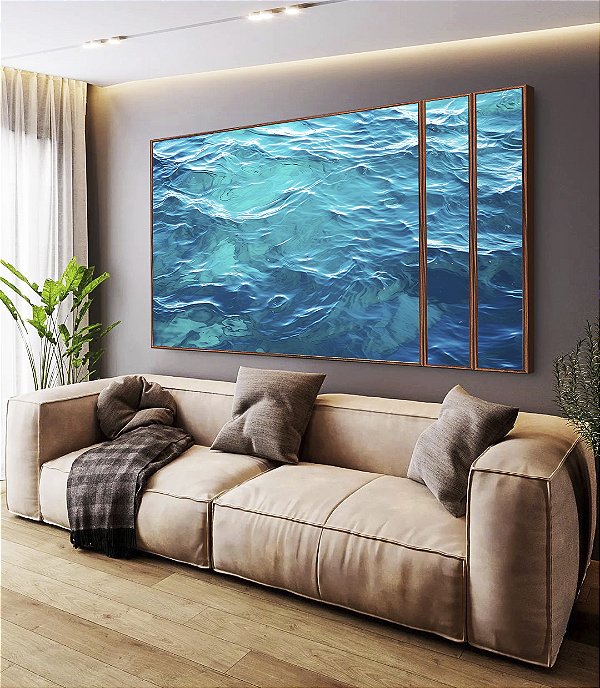 Trio de Quadros Estilizados Mar Azul Cristalino Ondulado Oceano Canvas Moldura