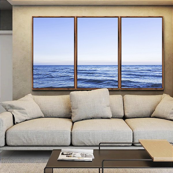 Trio de Quadros Mar Azul Sereno Céu Limpo Oceano Canvas Moldura