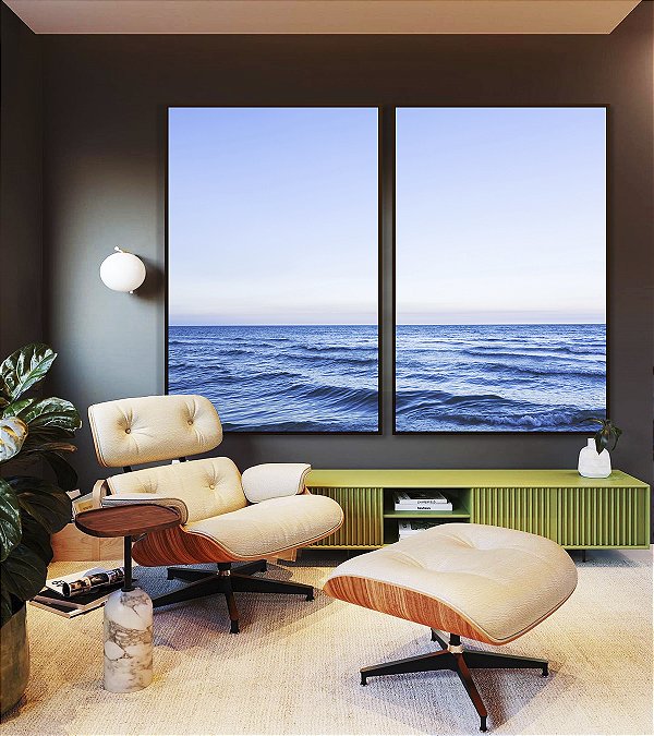 Duo de Quadros Mar Azul Sereno Céu Limpo Oceano Canvas Moldura