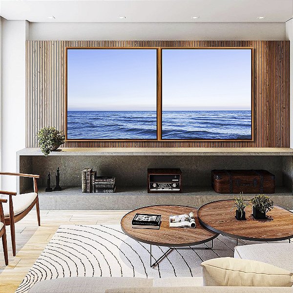 Duo de Quadros Quadrados Mar Azul Sereno Céu Limpo Oceano Canvas Moldura
