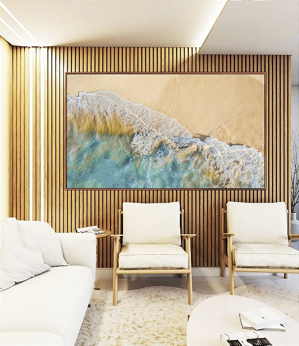 Quadro Horizontal Litoral Praia e Mar Turquesa Calmo Canvas Moldura
