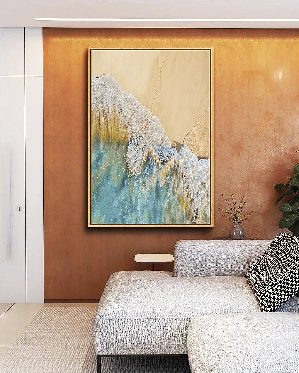 Quadro Vertical Litoral Praia e Mar Turquesa Calmo Canvas Moldura