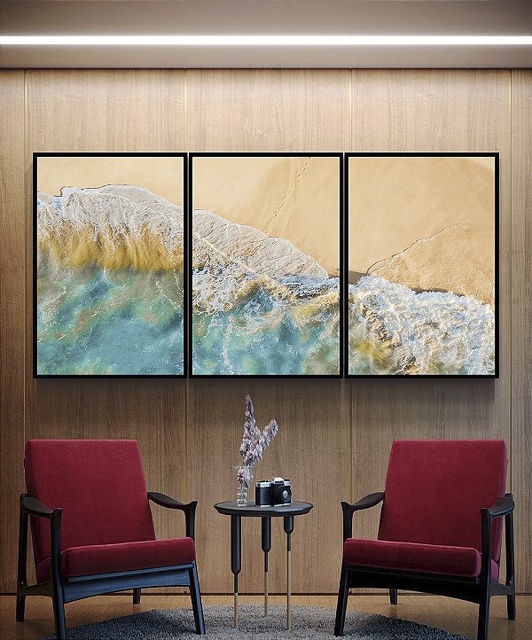 Trio de Quadros Litoral Praia e Mar Turquesa Calmo Canvas Moldura