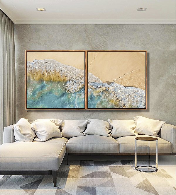 Duo de Quadros Quadrados Litoral Praia e Mar Turquesa Calmo Canvas Moldura