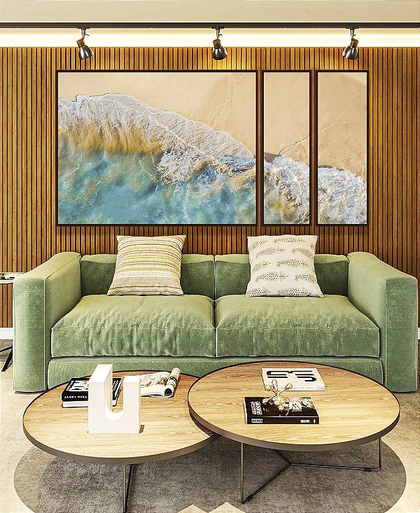 Trio de Quadros Estilizados Litoral Praia e Mar Turquesa Calmo Canvas Moldura