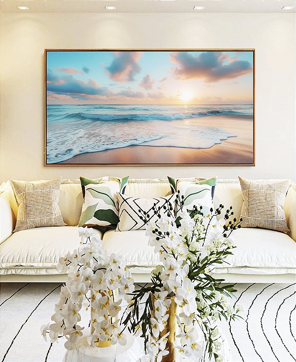 Quadro Horizontal Nascer do Sol Praia Céu Mar Turquesa Canvas Moldura