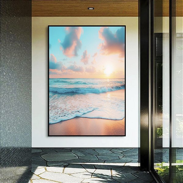 Quadro Vertical Nascer do Sol Praia Céu Mar Turquesa Canvas Moldura