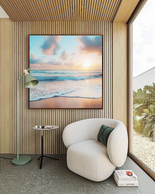 Quadro Quadrado Nascer do Sol Praia Céu Mar Turquesa Canvas Moldura
