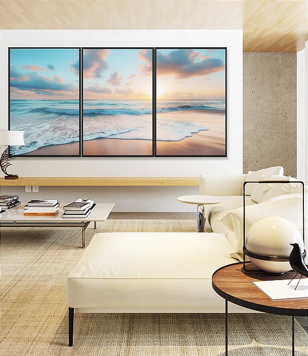 Trio de Quadros Nascer do Sol Praia Céu Mar Turquesa Canvas Moldura