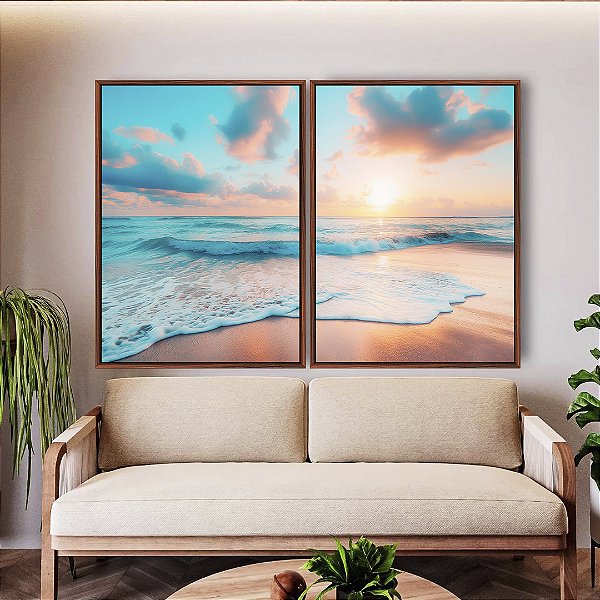 Duo de Quadros Nascer do Sol Praia Céu Mar Turquesa Canvas Moldura