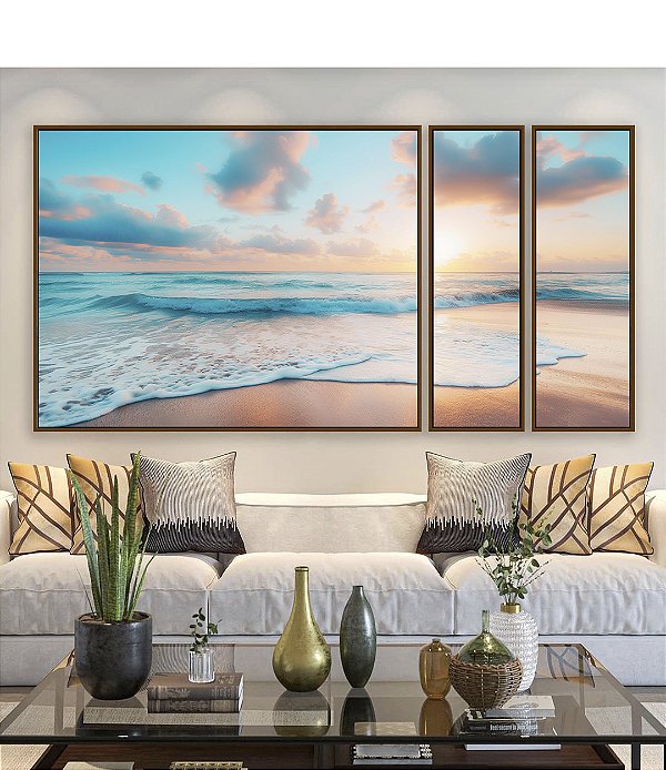 Trio de Quadros Estilizados Nascer do Sol Praia Céu Mar Turquesa Canvas Moldura