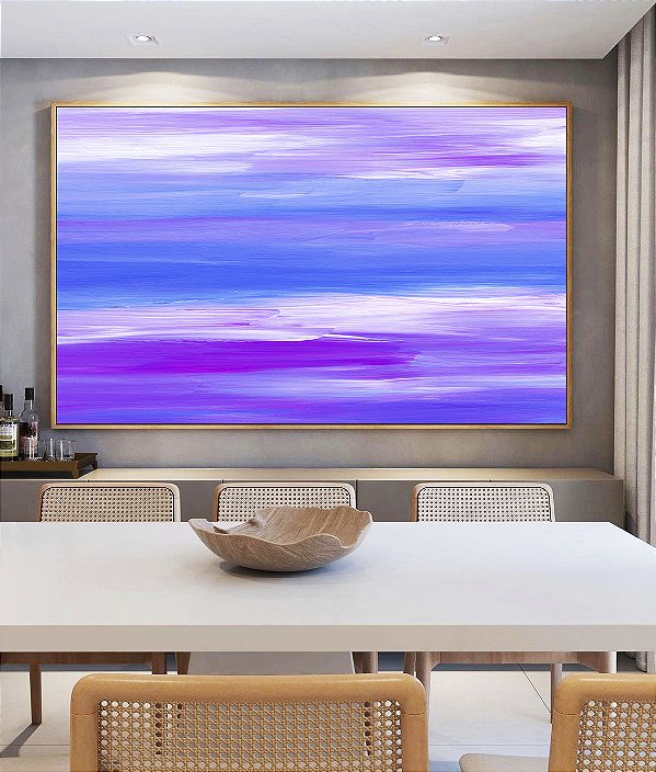 Quadro Horizontal Abstrato Roxo Lilás Azul Efeito Pintura Canvas Moldura