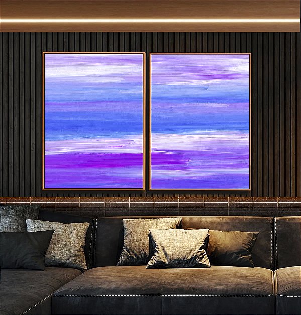 Duo de Quadros Abstrato Roxo Lilás Azul Efeito Pintura Canvas Moldura