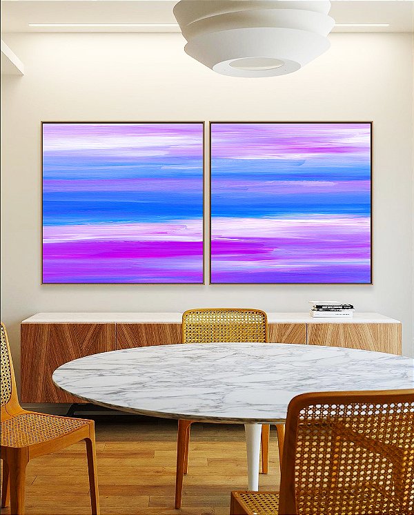 Duo de Quadro Quadrados Abstrato Roxo Lilás Azul Efeito Pintura Canvas Moldura