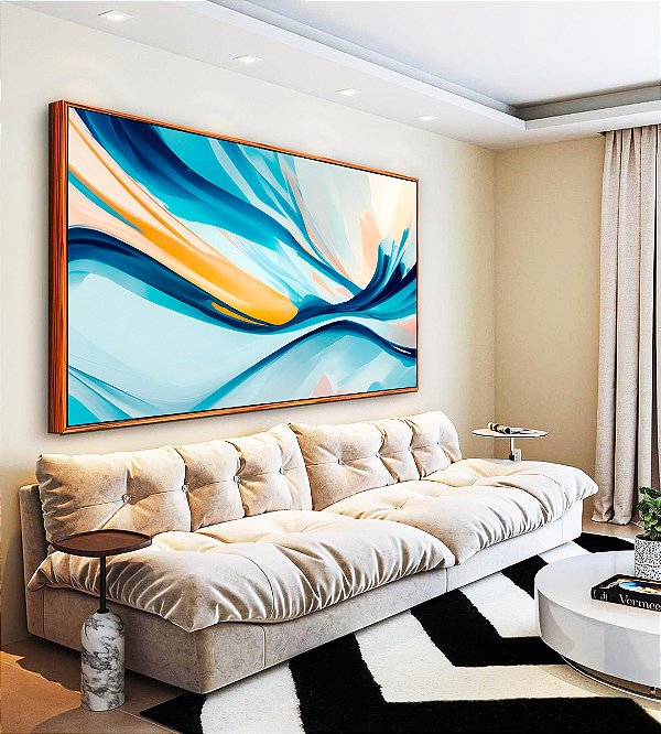 Quadro Horizontal Abstrato Azul Amarelo Rosa Arte Fluida Canvas Moldura