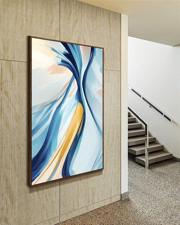 Quadro Vertical Abstrato Azul Amarelo Rosa Arte Fluida Canvas Moldura