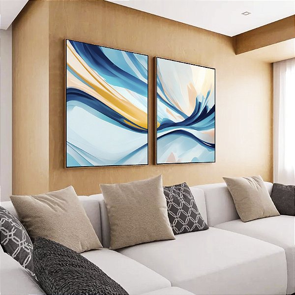 Duo de Quadros Abstrato Azul Amarelo Rosa Arte Fluida Canvas Moldura