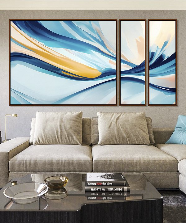 Trio de Quadros Estilizados Abstrato Azul Amarelo Rosa Arte Fluida Canvas Moldura