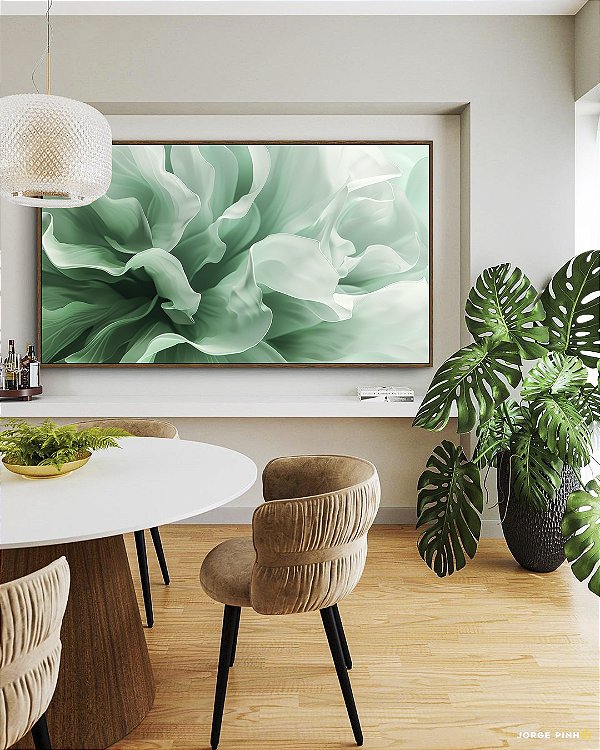 Quadro Horizontal Folhas Abstratas Ondas Verde Turquesa Canvas Moldura