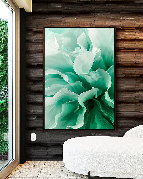 Quadro Vertical Folhas Abstratas Ondas Verde Turquesa Canvas Moldura