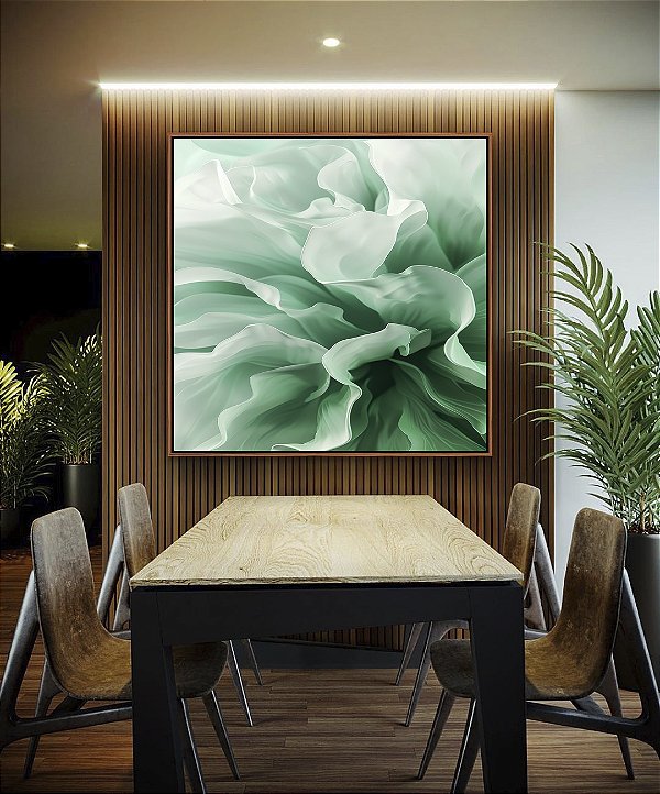 Quadro Quadrado Folhas Abstratas Ondas Verde Turquesa Canvas Moldura