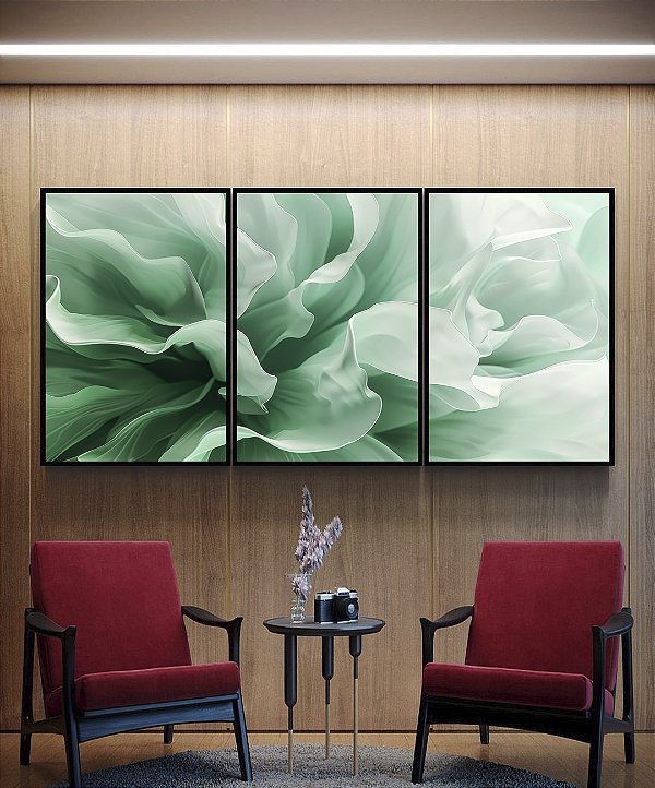 Trio de Quadros Folhas Abstratas Ondas Verde Turquesa Canvas Moldura