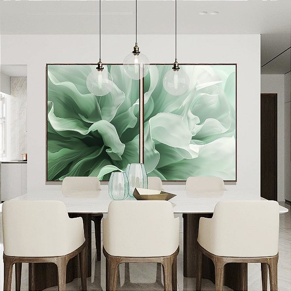 Duo de Quadros Folhas Abstratas Ondas Verde Turquesa Canvas Moldura