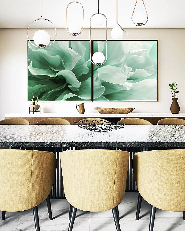Duo de Quadros Quadrados Folhas Abstratas Ondas Verde Turquesa Canvas Moldura