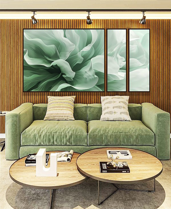 Trio de Quadros Estilizados Folhas Abstratas Ondas Verde Turquesa Canvas Moldura