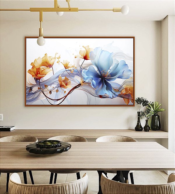 Quadro Horizontal Flores Delicadas Laranja e Azul Arte Fluida Canvas Moldura