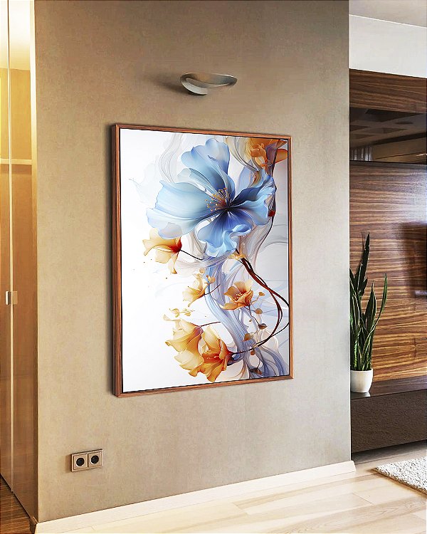 Quadro Vertical Flores Delicadas Laranja e Azul Arte Fluida Canvas Moldura