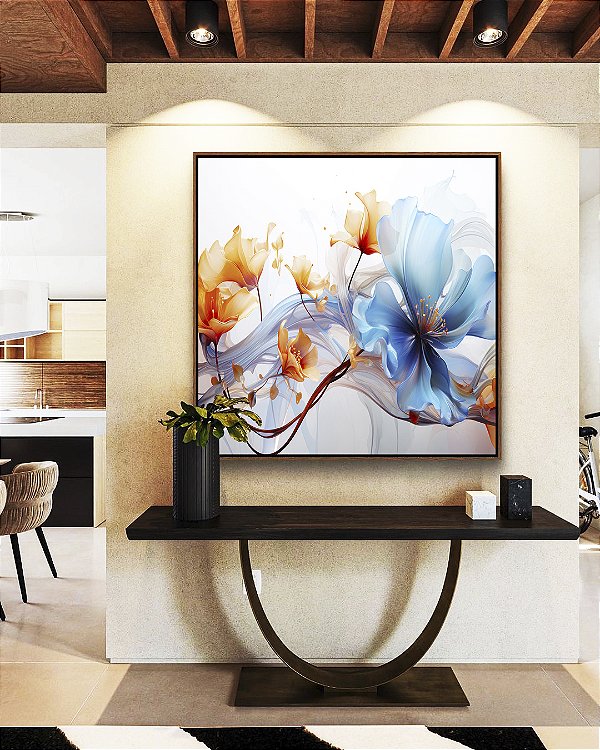 Quadro Quadrado Flores Delicadas Laranja e Azul Arte Fluida Canvas Moldura