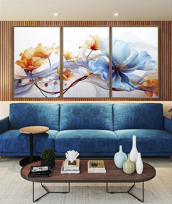 Trio de Quadros Flores Delicadas Laranja e Azul Arte Fluida Canvas Moldura