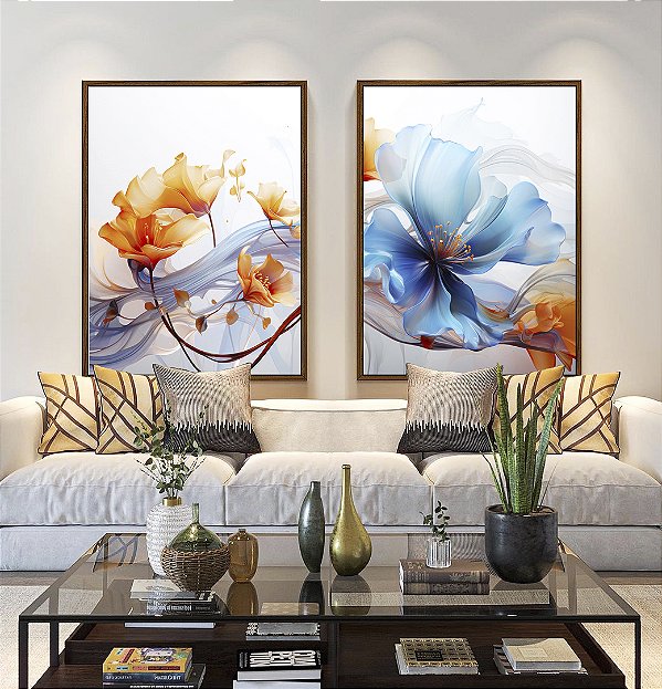 Duo de Quadros Flores Delicadas Laranja e Azul Arte Fluida Canvas Moldura