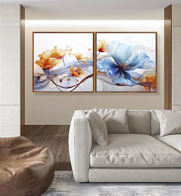 Duo de Quadros Quadrados Flores Delicadas Laranja e Azul Arte Fluida Canvas Moldura
