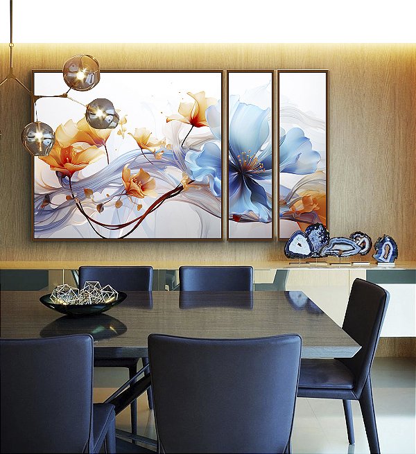 Trio de Quadros Estilizados Flores Delicadas Laranja e Azul Arte Fluida Canvas Moldura