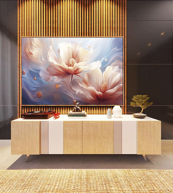 Quadro Horizontal Flores Brancas Rosas Azul Arte Fluida Canvas Moldura