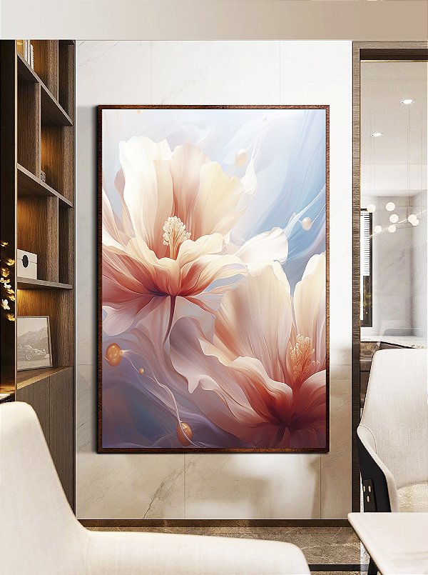 Quadro Vertical Flores Brancas Rosas Azul Arte Fluida Canvas Moldura