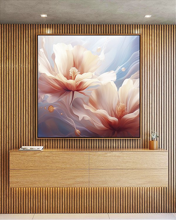 Quadro Quadrado Flores Brancas Rosas Azul Arte Fluida Canvas Moldura