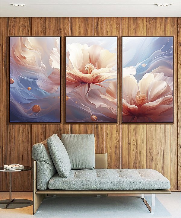 Trio de Quadros Flores Brancas Rosas Azul Arte Fluida Canvas Moldura