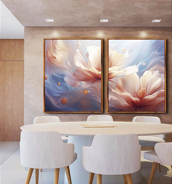 Duo de Quadros Flores Brancas Rosas Azul Arte Fluida Canvas Moldura