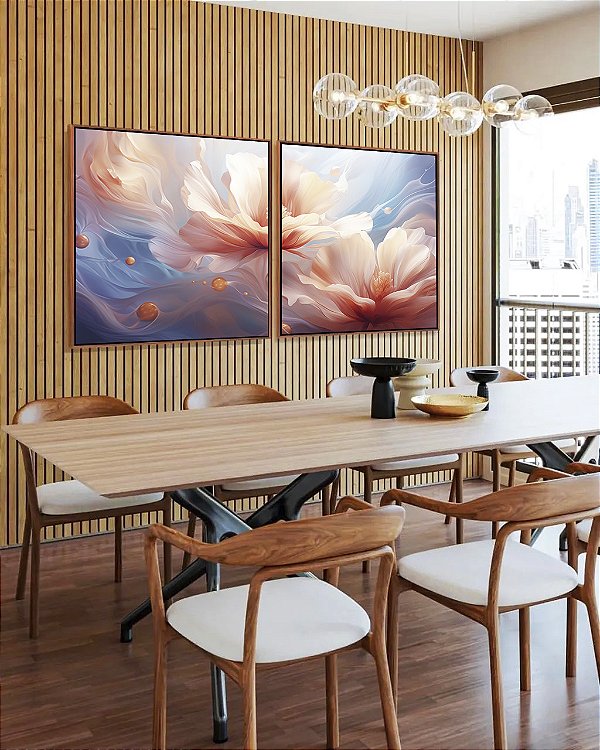 Duo de Quadros Quadrados Flores Brancas Rosas Azul Arte Fluida Canvas Moldura