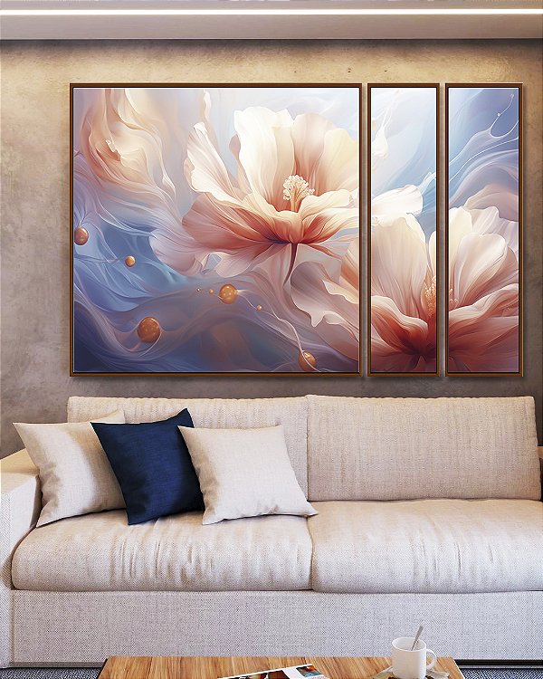Trio de Quadros Estilizados Flores Brancas Rosas Azul Arte Fluida Canvas Moldura