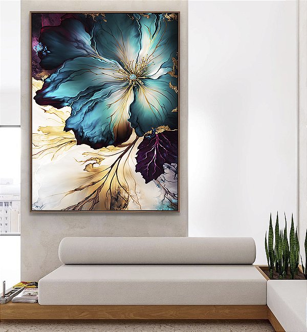 Quadro Vertical Flor Artística Azul Turquesa Dourado Roxo Canvas Moldura